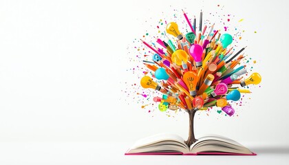 A tree growing from the pages of a book, with vibrant, creative symbols like pencils and lightbulbs hanging from the branches The scene is clean, with a pure white background