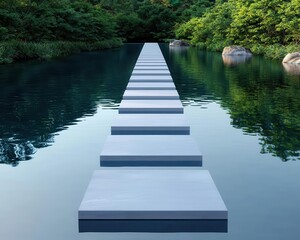 Naklejka premium Modular bridge system made of aluminum alloy and carbon fiber being installed over a river, surrounded by nature, Modern, 3D Art
