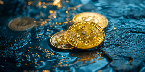 Golden Bitcoins on Dark Wet Surface with Water Droplets