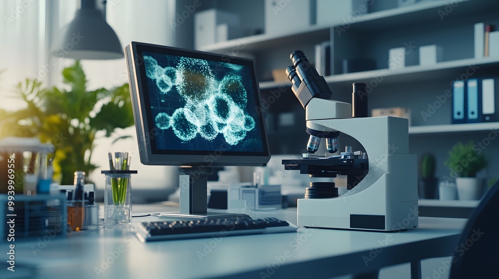 Aufkleber modern laboratory workspace with microscope and computer displaying a molecular structure