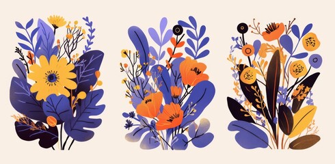 Three designs side by side featuring simple shapes of leaves and flowers in purple, blue, orange, yellow, and red on a white background.