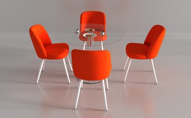 Obraz premium Modern glass round dining table and orange color chairs isolated on white background