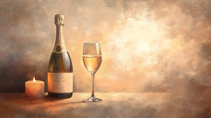 Classic Painted Champagne Ad with Romantic Candlelit Setting