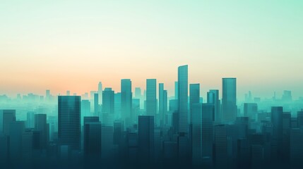 Obraz premium City skyline at dusk with fog and vibrant color gradient.