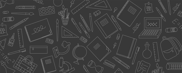linear doodle horizontal background with stationery and stuff for school and education. doodles for website poster backdrop wallpaper background banner package wrapping