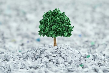 A green tree on a mound of shredded paper waste.