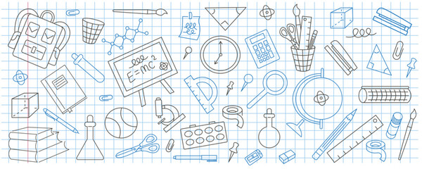 linear doodle set of stationery and stuff for school and education. doodles for logo stickers website poster backdrop wallpaper background