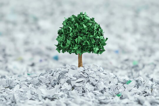 A green tree on a mound of shredded paper waste.