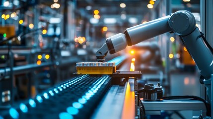 Obraz premium A close-up of a product moving along a conveyor belt in a high-tech factory, with robotic arms sorting and packaging items, illustrating the efficiency of automated production