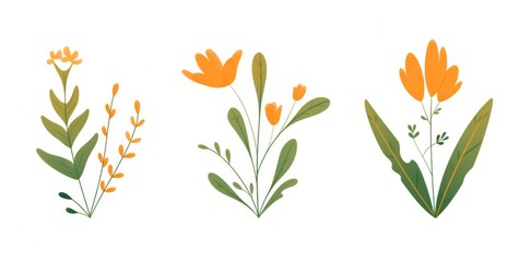 Three minimalist plant designs featuring a harmonious green and orange color palette on white backgrounds.
