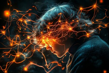 Obraz premium Elderly man with a glowing burst of energy from his head symbolizing knowledge innovation and the brilliance of late stage creativity and intellectual power in a futuristic scene