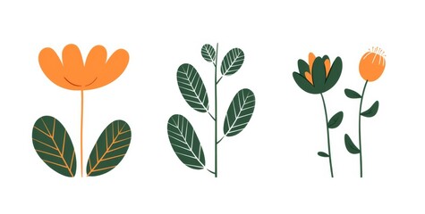 Three minimalist plant designs featuring a harmonious green and orange color palette on white backgrounds.