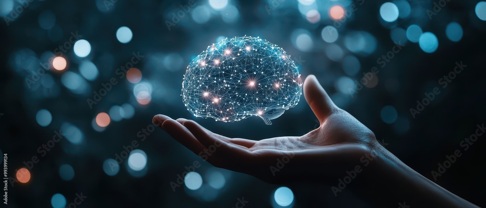 Poster a hand holding an artificial intelligence brain, surrounded by glowing data points and symbols repre