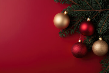 Obraz premium Festive holiday decorations featuring red and gold ornaments hanging from evergreen branches against a rich red background, evoking a warm seasonal spirit.