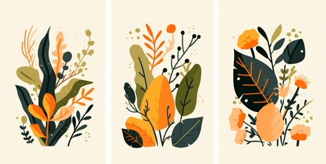 Three minimalist plant designs featuring a harmonious green and orange color palette on white backgrounds.