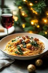 Festive Spaghetti with Tempeh, Kale, and Parmesan Cheese.