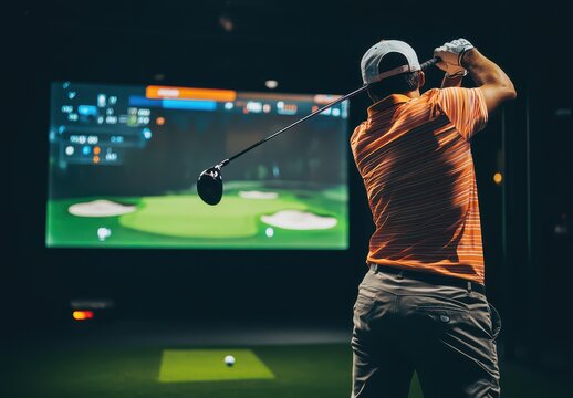 A man playing golf at the indoor driving range, hitting a ball with a club in his hand, wearing an orange and white striped shirt, grey shorts, and a cap on his head. 