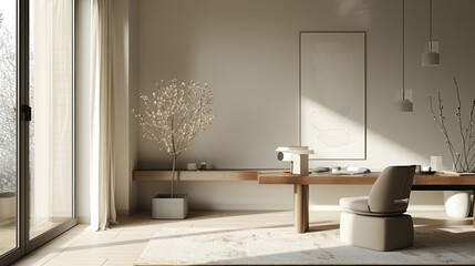 A clean and simple minimalist workspace with natural light, neutral colors, and minimal accessories, fostering a serene work atmosphere.