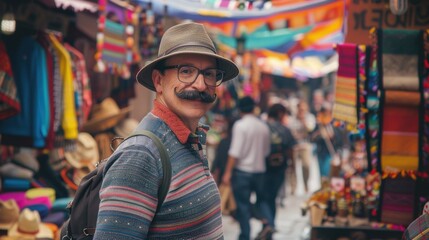 Stylish Man Exploring Vibrant Market with Movember Mustache and Festive Decor: Ideal for Card or Poster Design