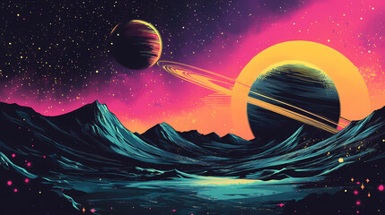 Retro colors and style, planet, moon, stars. retro space poster template. abstract cosmic background,. Retro Futurism. Illustration