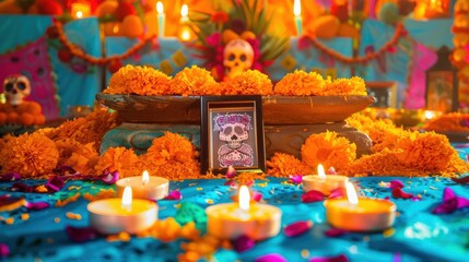 Fototapeta premium Brightly Decorated Day of the Dead Altar with Marigold Flowers and Candle Light