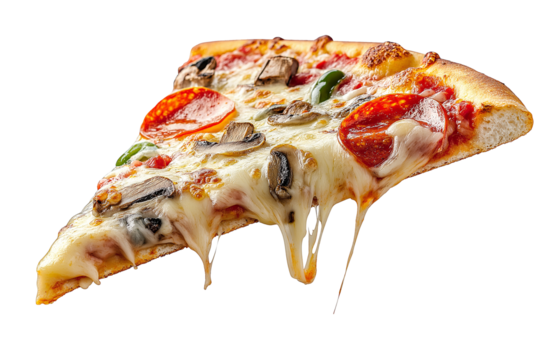 A slice of pizza with a stretchy cheese