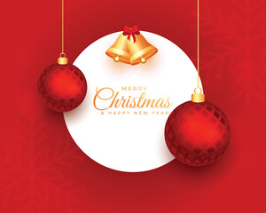 Beautiful christmas balls and bell snowflakes red greeting background
