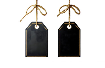 Two Hanging Black Paper Tags with Gold Edging and Twine Bows, Isolated on Transparent Background, Ideal for Branding and Pricing Mockups