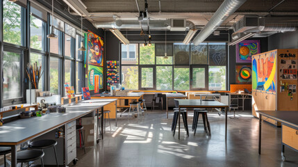 A collaborative art studio with shared workstations, large communal tables, and tools for sculpture, painting, and digital design.