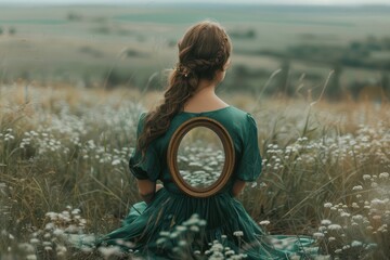 Naklejka premium A woman in a flowing green dress sitting in a field, reflecting on a mirror.