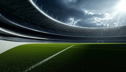 A dramatic view of a modern stadium interior, illuminated under moody skies, showcasing a well-maintained green field.
