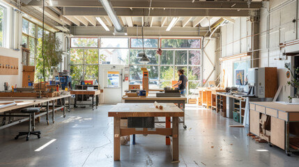 A collaborative art studio with shared workstations, large communal tables, and tools for sculpture, painting, and digital design.
