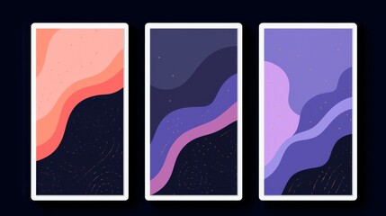 Set of three vertical framed posters showcasing vibrant abstract shapes in smooth curves against a dark blue background. 