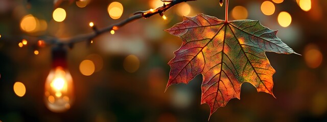 Fototapeta premium A close-up of an autumn maple leaf, with the background blurred and a bokeh effect creating a warm atmosphere