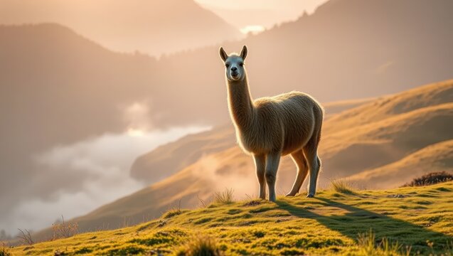 Alpaca on a Hilltop at Sunrise - Powered by Adobe