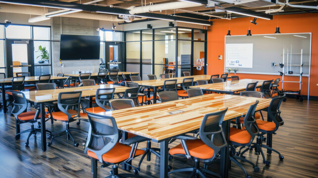 A collaborative workspace for creative industries, with open areas, communal tables, and creative tools like whiteboards and sketchpads.