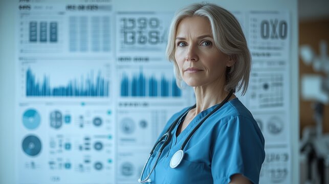 A healthcare worker contemplates patient statistics in a well-lit clinic