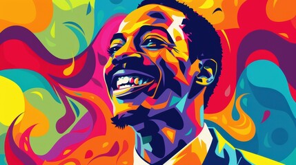 Obraz premium Vibrant Barbershop Advertisement with Smiling Man in Colorful Background for Print or Poster Design