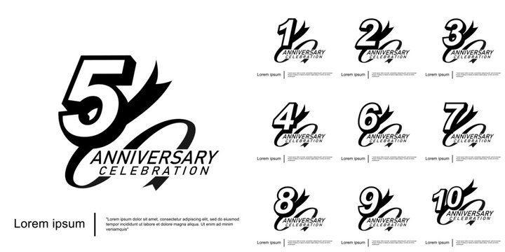 Set of 1-10 years anniversary celebration emblem. black logo isolated with ribbon on white background. vector illustration template design for web, flyers, poster, greeting card and invitation card