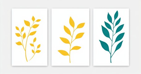 Fototapeta premium Set of three minimalist vector graphics featuring plant designs in flat yellow and teal colors against a white background.