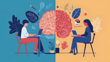 Two People Working on Laptops with a Brain in Between