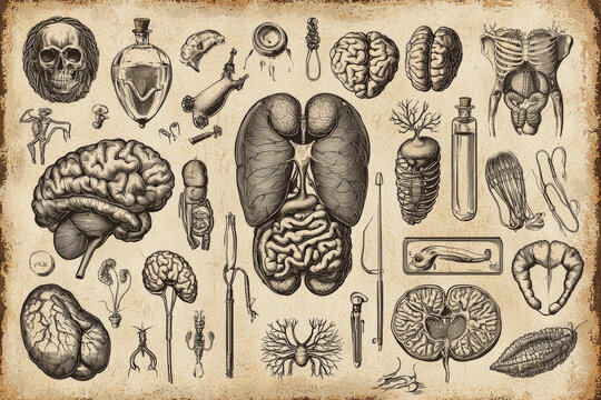 Engraved vintage illustration of human organs including brain, lungs, and heart, showcasing anatomical details and medical instruments. This artwork evokes sense of curiosity and fascination with huma