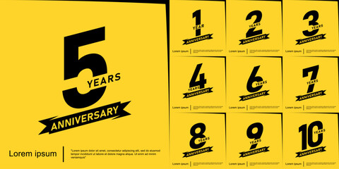 Set of 1-10 years anniversary celebration emblem. black logo isolated with ribbon on yellow background. vector illustration template design for web, flyers, poster, greeting card and invitation card