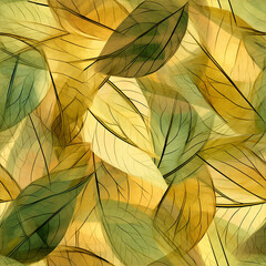 Translucent leaves pattern, soft colors, abstract design, green and yellow hues, copy space