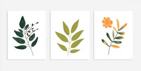 Three minimalist plant icons in dark green and orange on a white background