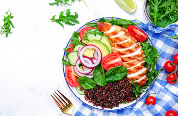 Harvard plate with chicken protein, quinoa carbohydrates, tomatoes, avocado and spinach vegetables...