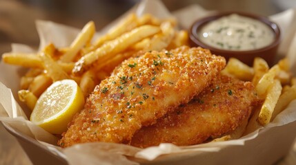 Filetes de pescado empanizados y crujientes, servidos con papas fritas doradas y una salsa tártara cremosa. Una rodaja de limón añade un toque fresco al plato.