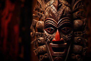Fototapeta premium Exquisite tribal mask with detailed carvings and striking colors displayed in a dimly lit environment