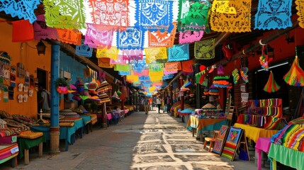 Fototapeta premium Vibrant Traditional Mexican Outdoor Market with Colorful Papel Picado Banners Hanging Over Vendor Stalls