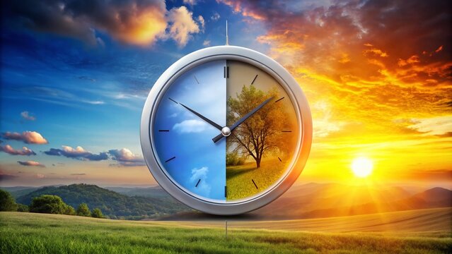 Creative Time Change Graphic Illustrating Daylight Saving Time Adjustment and Clock Transformation